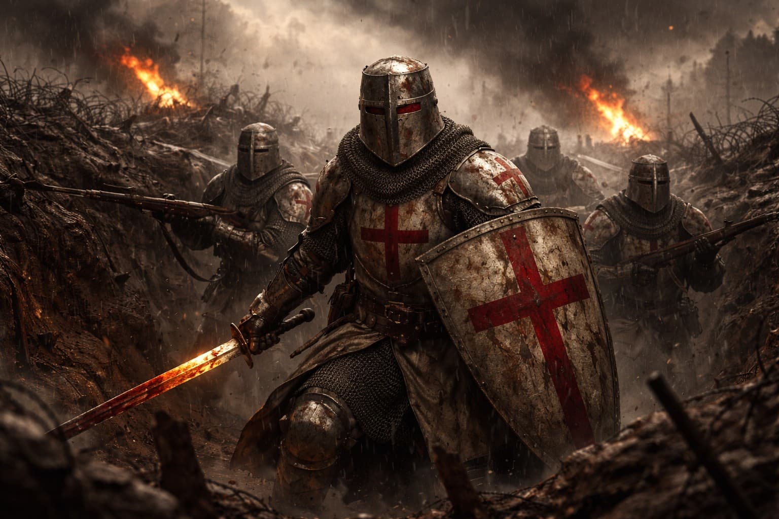 Battle-worn warriors crossing trench lines